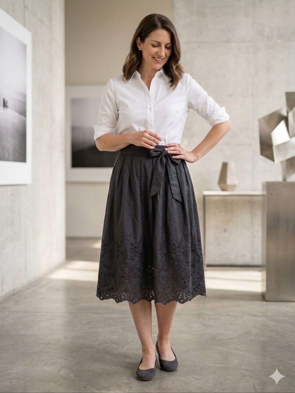 Silk Blend Eyelet Hem A-Line Skirt